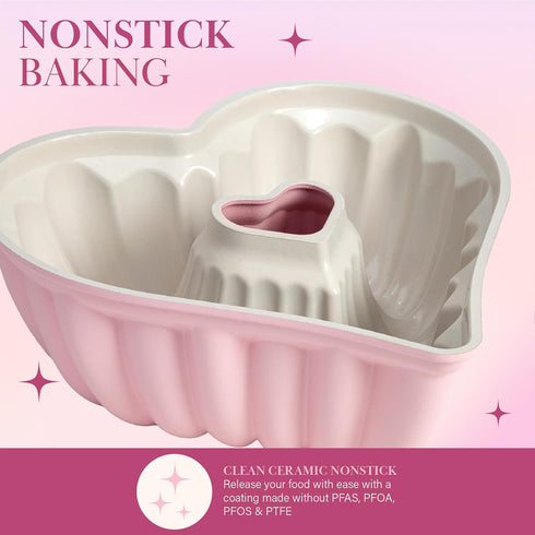 Paris Hilton Heart Shaped Fluted Cake Pan, 9-Inch Cast Aluminum with Clean Ceramic Nonstick Bakeware