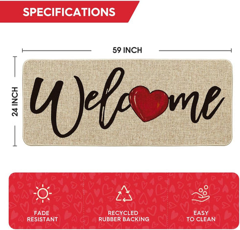 24x59 Inch Artoid Mode Welcome Love Heart Valentine's Day Doormat, Home Decor Low-Profile Runner Rug Door Mat