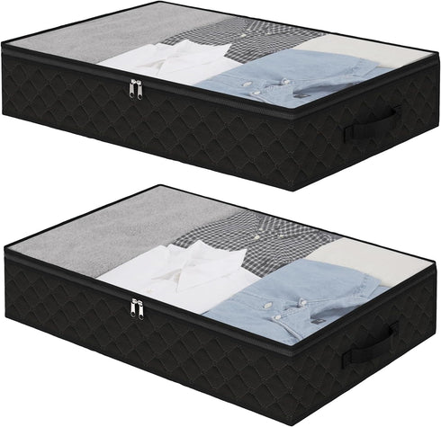 Fixwal Black Underbed Storage Bags with Clear Window, 2 Pack for Clothing and Bedding