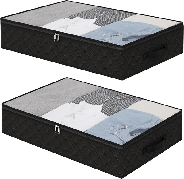 Fixwal Black Underbed Storage Bags with Clear Window, 2 Pack for Clothing and Bedding
