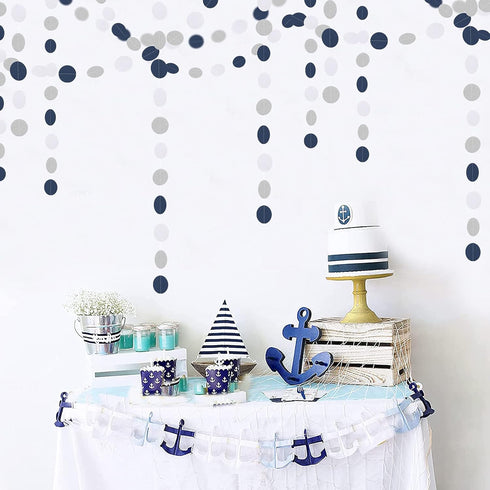 52Ft Navy Blue White Silver Paper Garland, Gender Reveal Hanging Decoration Streamer Banner for Graduation, Wedding,