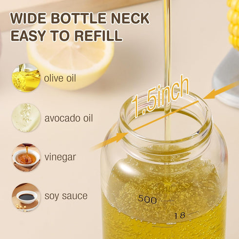 Vucchini Large Olive Oil Dispenser Bottle - 17 oz Auto Flip Condiment Container, Leakproof Glass Cruet with Stainless