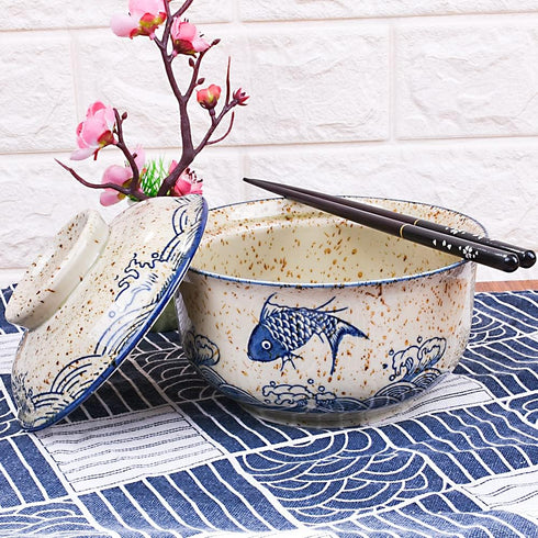 Ramen Bowl with Lid, Japanese Style 25.4 OZ Big Ceramic Bowl for Soup, Rice Noodle, and Porridge, Microwave Safe