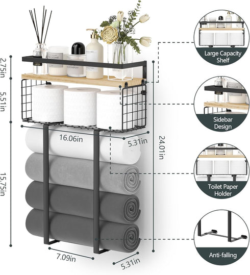 Bathroom Towel Racks, Metal Towel Holder with Storage Basket, Wall Rack for Rolled Towels, Small Bathroom Shelves.