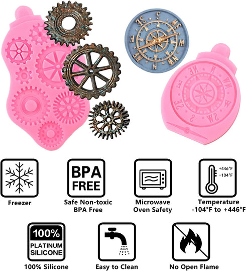 Steampunk Silicone Fondant Molds, Gears Teeth Moulds for Cake Decoration, Chocolate Candy Sugarcraft Cupcake Topper