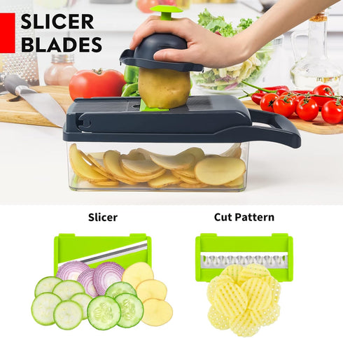 Vegetable Chopper - Pro Onion Chopper, 14 in 1 Multifunctional Food Chopper with 8 Blades and Container (Grey)
