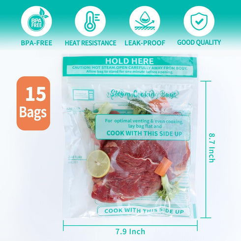 Microwave Steamer Bags 15 Pack Steam Cooking Bag for Vegetables Potatoes Meat, 7.9 X 8.7 Inches