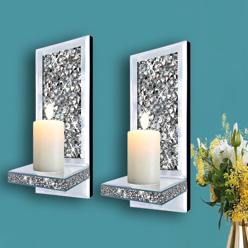 Set 2 1A ZOLAPI of Crystal Crush Diamond Candle Sconces, Gorgeous Silver Mirrored Wall Sconce, Candle Holder Glass Wall
