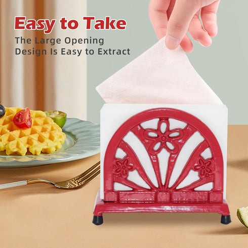 Vintage Cast Iron Napkin Holder for Table, Red Paper Napkins Tissue Dispenser with Daffodil Pattern for Kitchen
