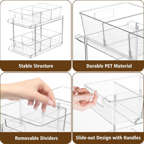 Pull-out Home Organizers, 2 Tier Clear Bathroom Organizer with Dividers, Multipurpose Vanity Counter Tray