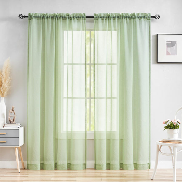 MYSTIC-HOME Sage Green Sheer Curtains, 84 Inches Long, 2 Panels, 52"x84", Semi Crinkle Voile Drapes for Living Room,