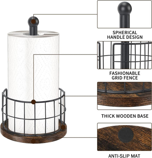 Paper Towel Holder Countertop, Standing Paper Towel Roll Holder for Bathroom, Paper Towel Rack with Heavy Duty Wooden Base for Kitchen Counter, Fits Standard or Jumbo-Sized Rolls by YINMIT