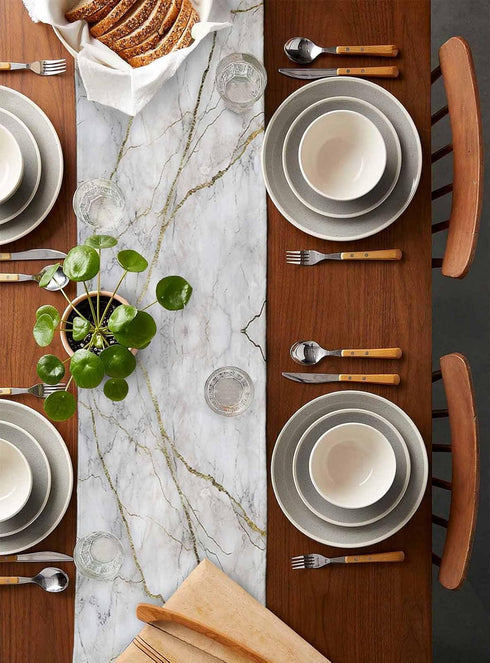 PIEPLE 36 inches Marble Table Runner-Cotton Linen-Small White Gray Gold Dresser Scarves,Texture Tablerunner for Kitchen