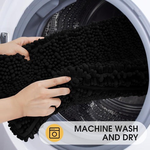 Upgrade Luxury Black Bathroom Rug Mat, 17"x47.5", Ultra Soft Thick Absorbent Non-Slip Chenille