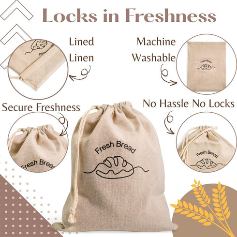 3-Pack 12"x15" Linen Bread Bags for Homemade Bread Reusable Bread Storage Bags with Inner Lining Sourdough Bread Bags