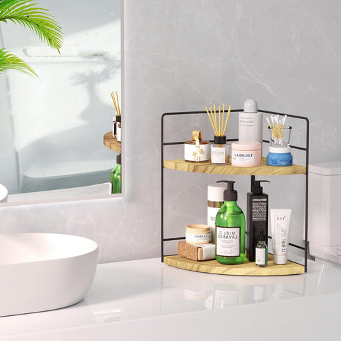 2-Tier Counter Counter, ZGO Bathroom Organizer, Corner and Makeup Organizer for Vanity and Kitchen Wood