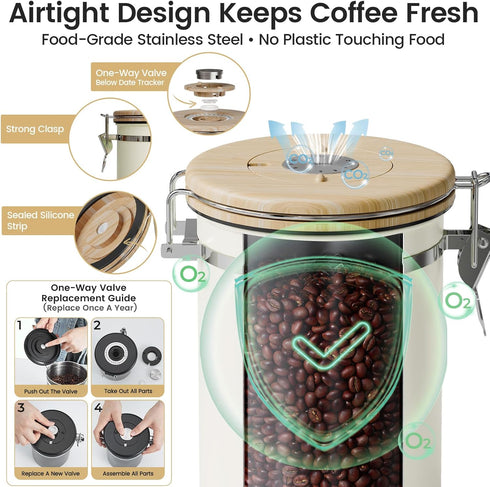 Set,Airtight Coffee,Beans,Tea,Flour,Cereal,22OZ,Cream Veken Coffee Sugar Canister with Window, Coffee Lover Gift