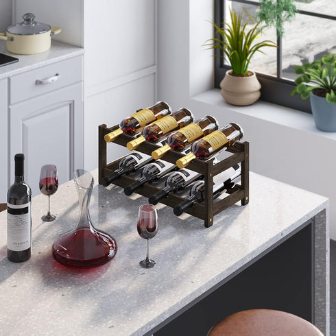 BAMEOS Freestanding 2 Tier Bamboo Wine Rack, 8 Bottle Countertop Cabinet Wine Holder for Bar, Pantry, Mocha