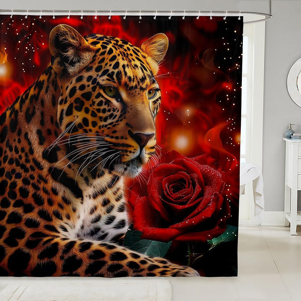 Rose Cheetah Shower Curtain, Leopard Print Bath Curtain 72 Long, Romantic Red Flowers Waterproof Bathroom Decor for Kids
