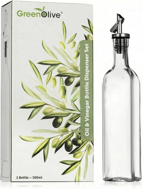 GREENOLIVE Olive Oil Dispenser Bottle - 17 oz. Clear Glass Bottle with