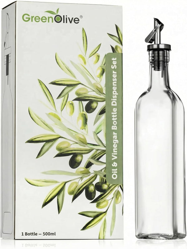 GREENOLIVE Olive Oil Dispenser Bottle - 17 oz. Clear Glass Bottle with