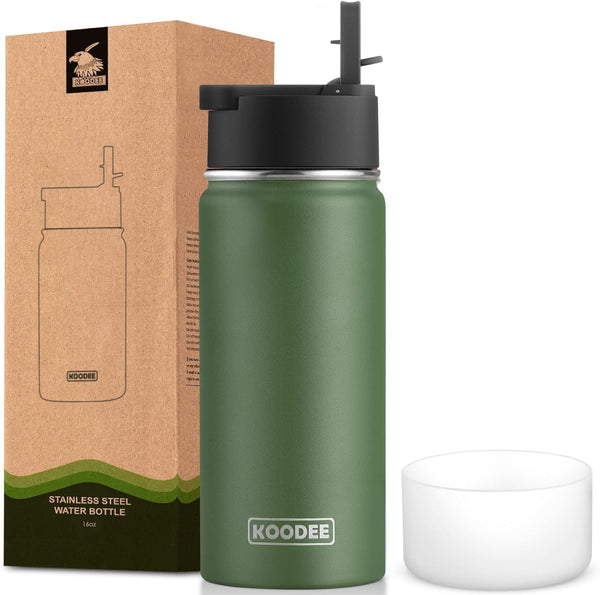 koodee 16 oz Stainless Steel Double Wall Vacuum Insulated Sports Water Bottle with Straw for Boys and Girls (Grass