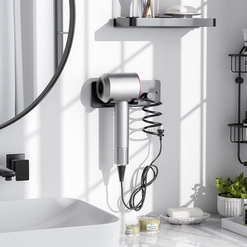 Tindbea Hair Dryer Holder + Curling Iron Holder, Matte Black Wall Mount Organizer for Bathroom