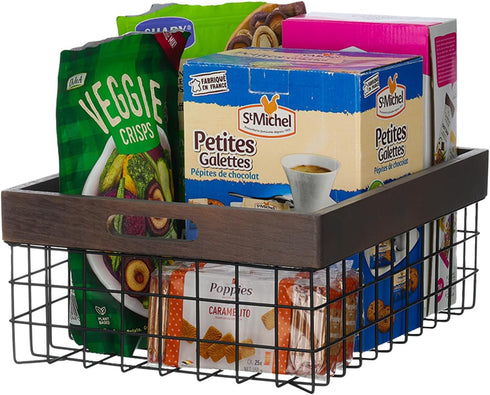 Set of 3 Metal Wire Baskets, Organizing Wood Top with Handles, Storage Organizer for Kitchen Cabinets, Pantry, Laundry