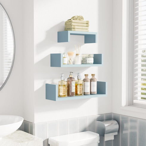 Set 3 SRIWATANA Floating U Shelves Wall Mounted, Solid Wood Wall Shelves of (Blue)