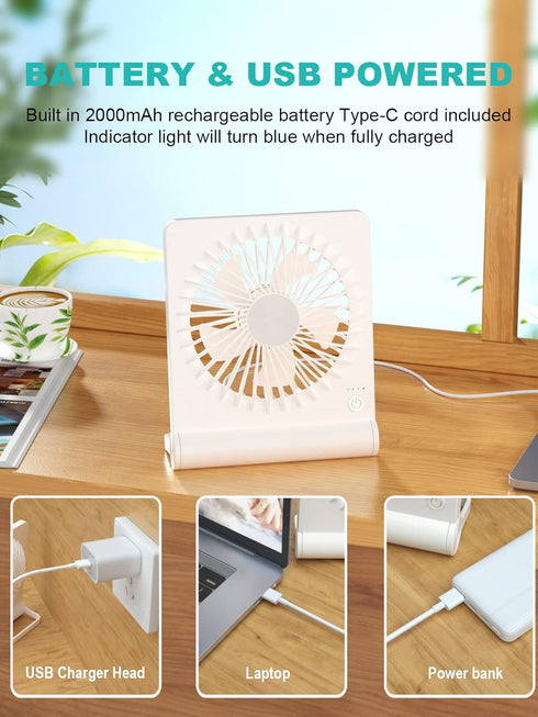 Small Desk Fan, 2000mAh Rechargeable USB Fan, Ultra Quiet, Strong Wind, 3 Speeds Travel Fan