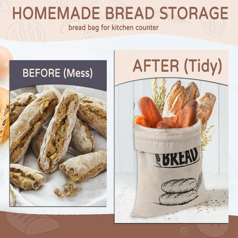 Bread Bags for Homemade Bread, Linen Bread Bag Storage, Reusable Sourdough Bread Bags with Plastic Liner, Drawstring