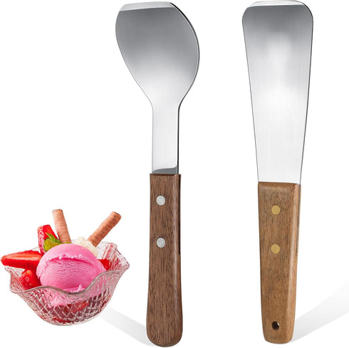 Patelai 2 Pcs Stainless Steel Ice Cream Scoop with Wooden Handle, Dessert Spade Butter Cutter for Dining Kitchen Utensil