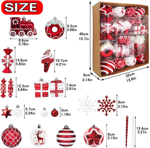 Set, 70 Christmas Tree Ball Ornaments ct Classical Red White Candy Train Theme Xmas Assorted Ornaments, Shatterproof