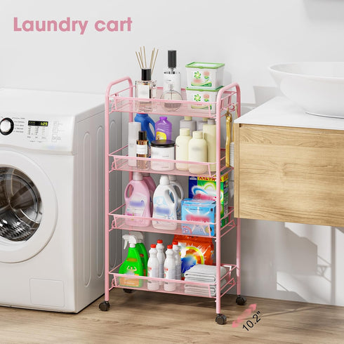 4 3 TOOLF Tier Rolling Utility Cart - Durable Metal Design Pink Utility Cart, Storage Trolley on Wheels with Hooks
