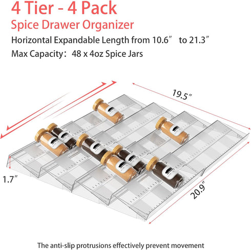 Baker Boutique 4-Tier 4-Pack (11''-22'') Non-Slip Spice Drawer Organizer, Checkered Frosted Clear Acrylic, Expandable