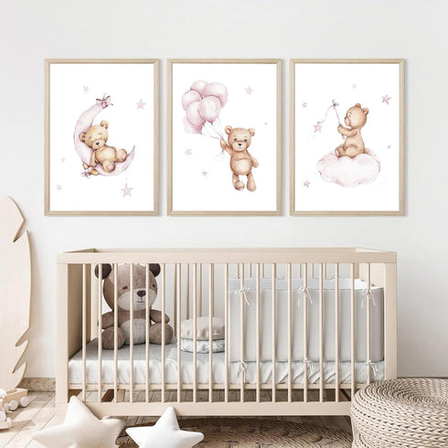 Baccone 12x16x3 Inch Bear Nursery Wall Art Decor Teddy Bear Wall Art Baby Girl Canvas Wall Decor Pink Pictures Balloon