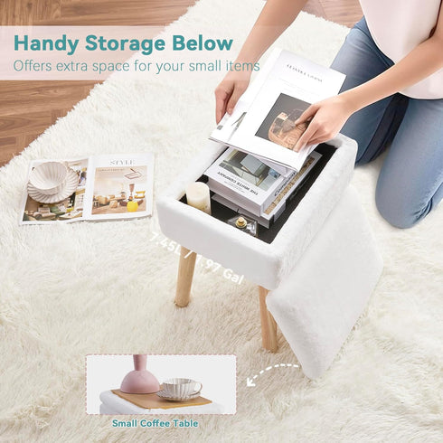 BRIAN & DANY Vanity Stool, Faux Fur Vanity Stool Chair with Storage, Rectangle Makeup Chair Soft Padded Seat with Legs