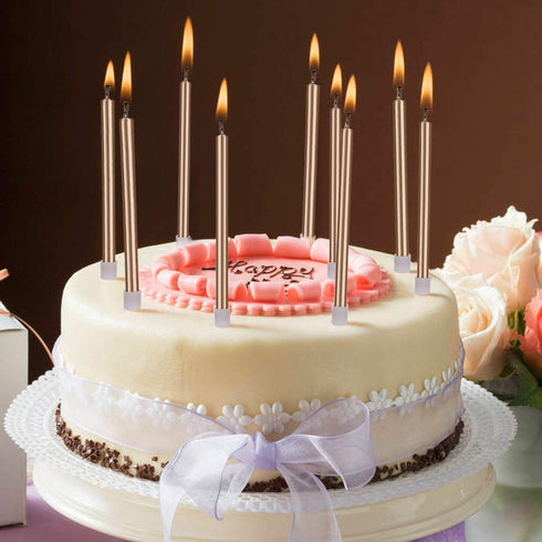 Luter 48Pcs Metallic Birthday Candles in Holders for Tall Birthday Cake and Long Thin Cupcake Decoration