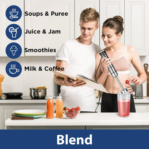 COMFEE' Immersion Hand Blender – Brushed Stainless Steel, 500 Watts, with Beaker, Chopper, Whisk for Smoothies and