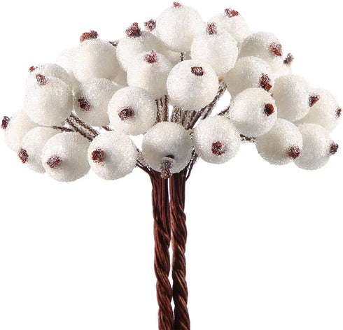 Tatuo 400 Pieces Artificial Frosted Holly Berries, Fake 12 mm Mini Fruit Berry Flower Fall Decor (White)
