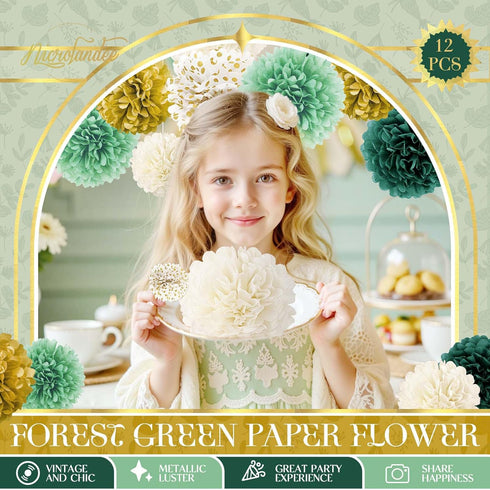 NICROLANDEE 12 PCS Green Wedding Party Decorations, Emerald Green Ivory Tissue Paper Pom Poms for Baby Shower
