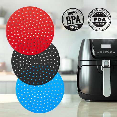 Reusable Air Fryer Liners 3 Pack - 8" Round Silicone Liners for 5-7QT Fryers, Easy to Clean Non-Stick Parchment Paper