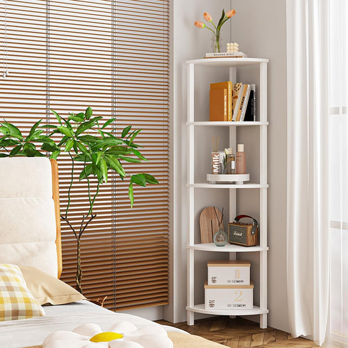 5-Tier UJSJ001W VIMBER Corner Shelf, Corner Bookshelf, Industrial Corner Ladder Shelf, Modern Display Shelf for Living