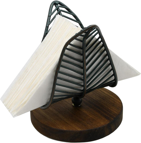 OwlGift Freestanding Modern Napkin Holder, Golden Turquoise Wrought Iron Leaf & Brown Wooden Base Design, Tissue