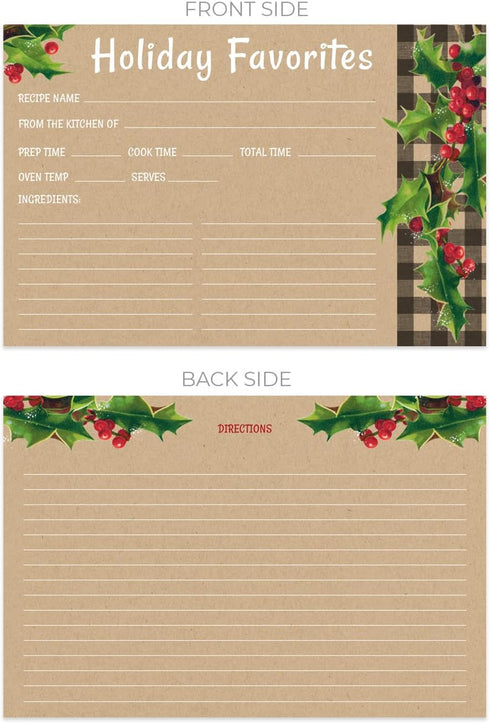 Kraft Look Holiday Favorites Recipe Cards / 50 Rustic Faux Kraft Christmas Recipe Card Pack / 4" x 6" Flat Double Sided Vintage Design Baking Directions Cards/Made In The USA