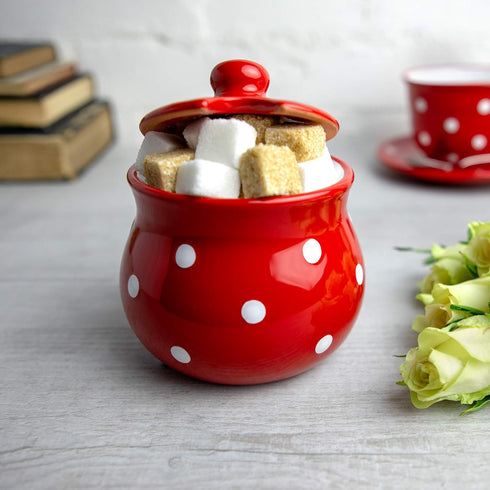 City to Cottage Ceramic Sugar Bowl with Lid, 10oz Sugar Container for Coffee Bar, Handcrafted Red Polka Dot