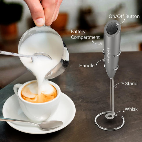 SIMPLETaste Milk Frother Handheld Electric Foam Maker | Drink Mixer with Stainless Steel Whisk and Stand