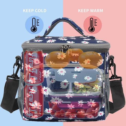 FlowFly Insulated Reusable Lunch Bag, Large Lunch Box for Women and Men, Daisy with Adjustable Shoulder Strap