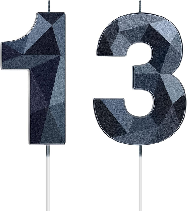 Nuanchu 13th Birthday Candles, Black Number 13 Cake Topper, 3D Diamond Shape Decoration for Boy Girl Women Party