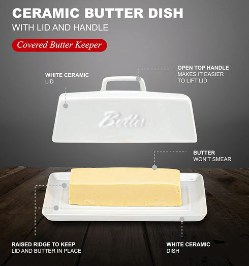 Countertop. Bruntmor Ceramic Butter Dish With Lid. Butter Holder/ Tray/ Storage With Lid And Handle. Porcelain Butter